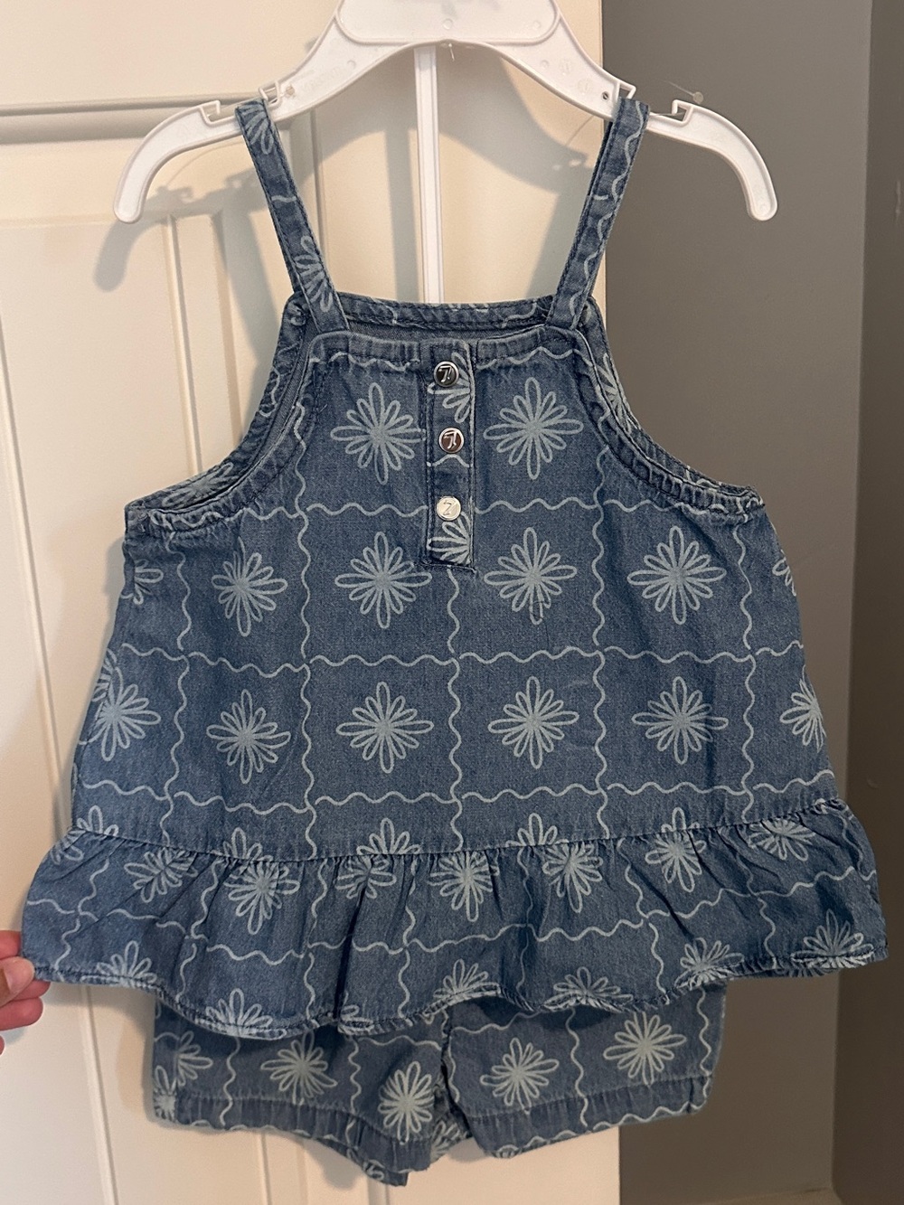 7 For All Mankind Blue Floral-Print Denim Romper with Ruffle Hem